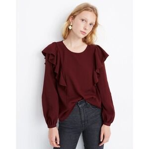 Madewell Ruffle Front Long Sleeve Top in Dark Cabernet Size M